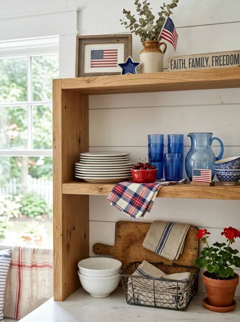 Red white and blue kitchen shelf decor – festive and functional