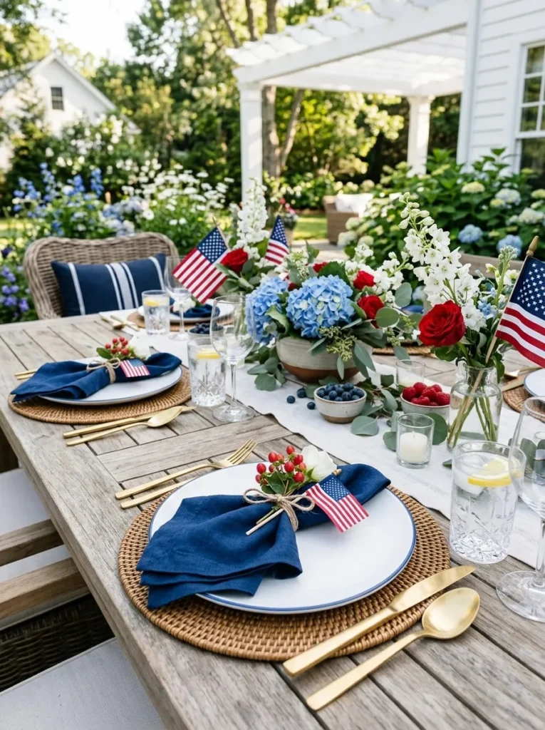 Mixed materials red white and blue table setting – tasteful patriotic decor