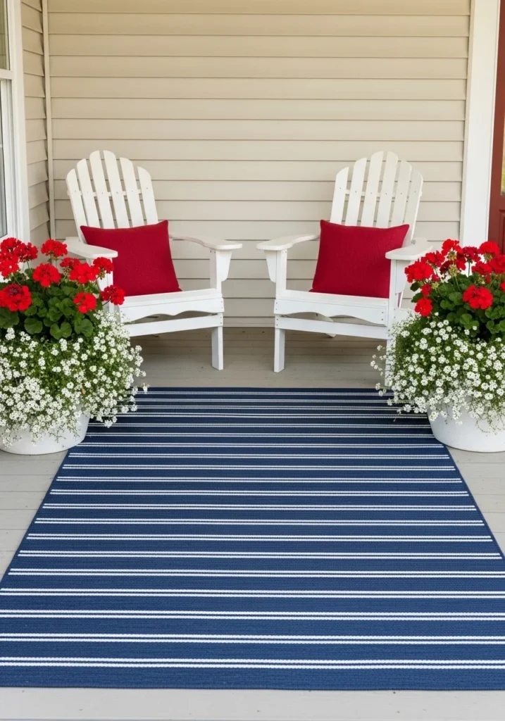  Elevated red white blue porch decor with natural wood porch navy stripe rug white Adirondack chairs single red linen cushion each and large white planters overflowing with deep red geraniums in warm afternoon light for red white blue porch decor ideas