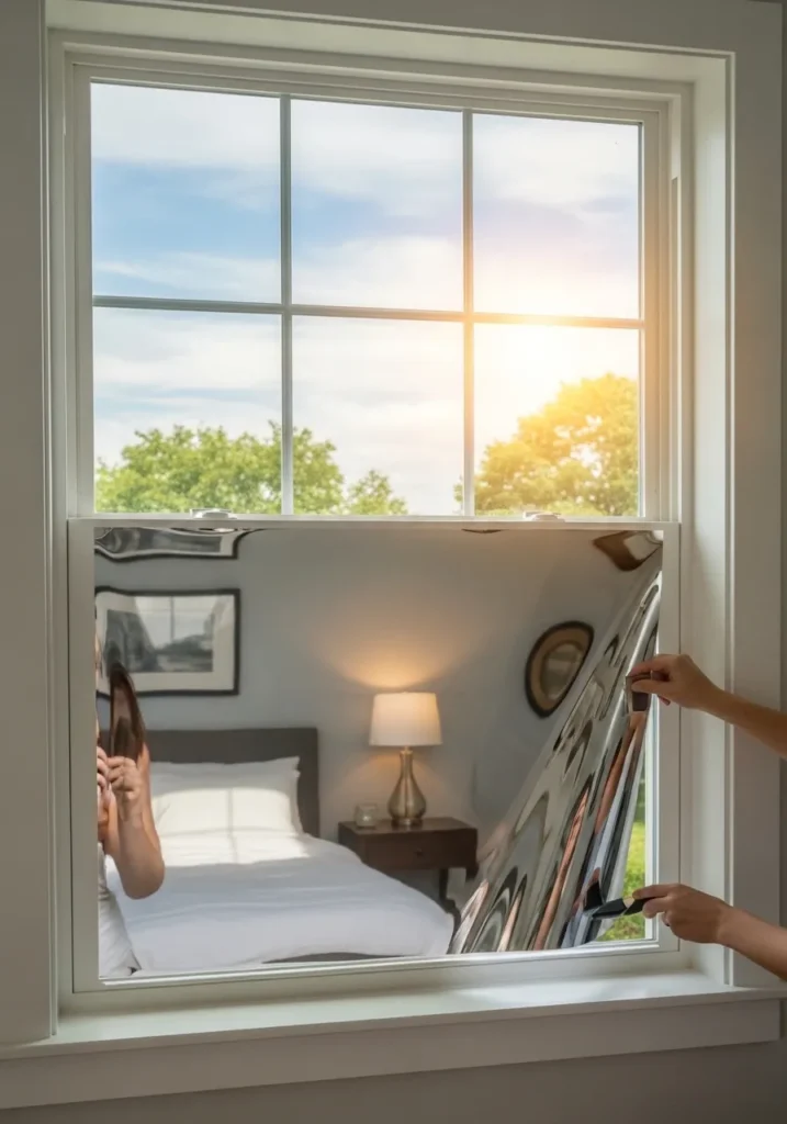 Reflective heat-blocking film applied to a bedroom window.