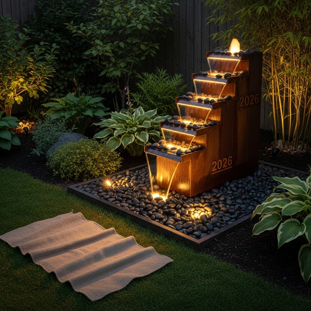 Relaxing garden fountain with lighting – soothing spring backyard water fountain decor ideas