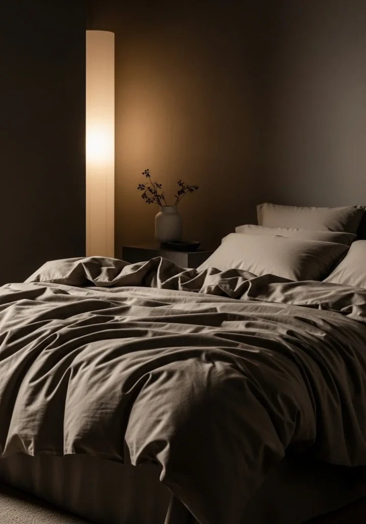 Rich minimalist moody bedroom – texture-focused calm