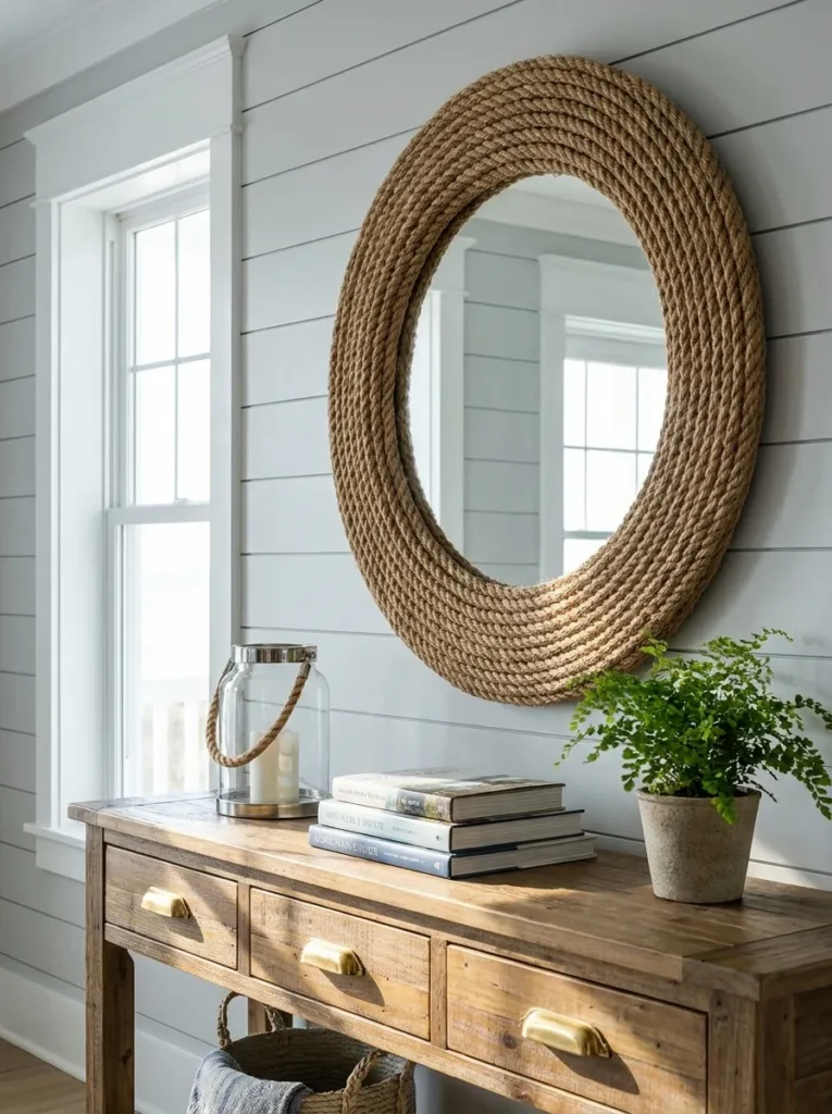 Modern nautical mirror with rope frame and brass accents.