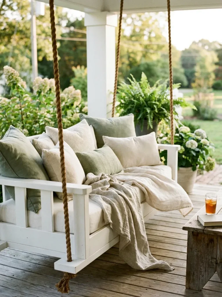 Luxury porch swing with nautical rope and plush cushions.