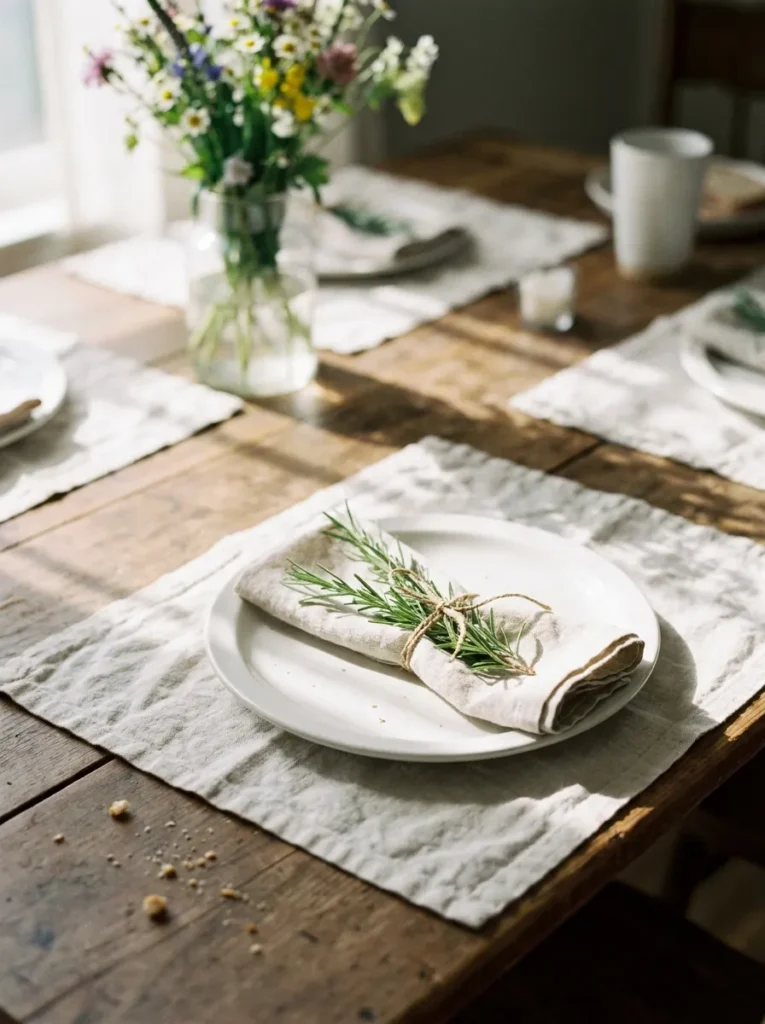 Rustic Mother's Day brunch setting with fresh rosemary sprig and textured linen.