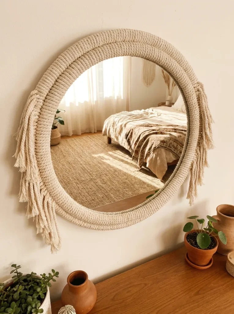 Round mirror with DIY macrame fringe on a bedroom wall.