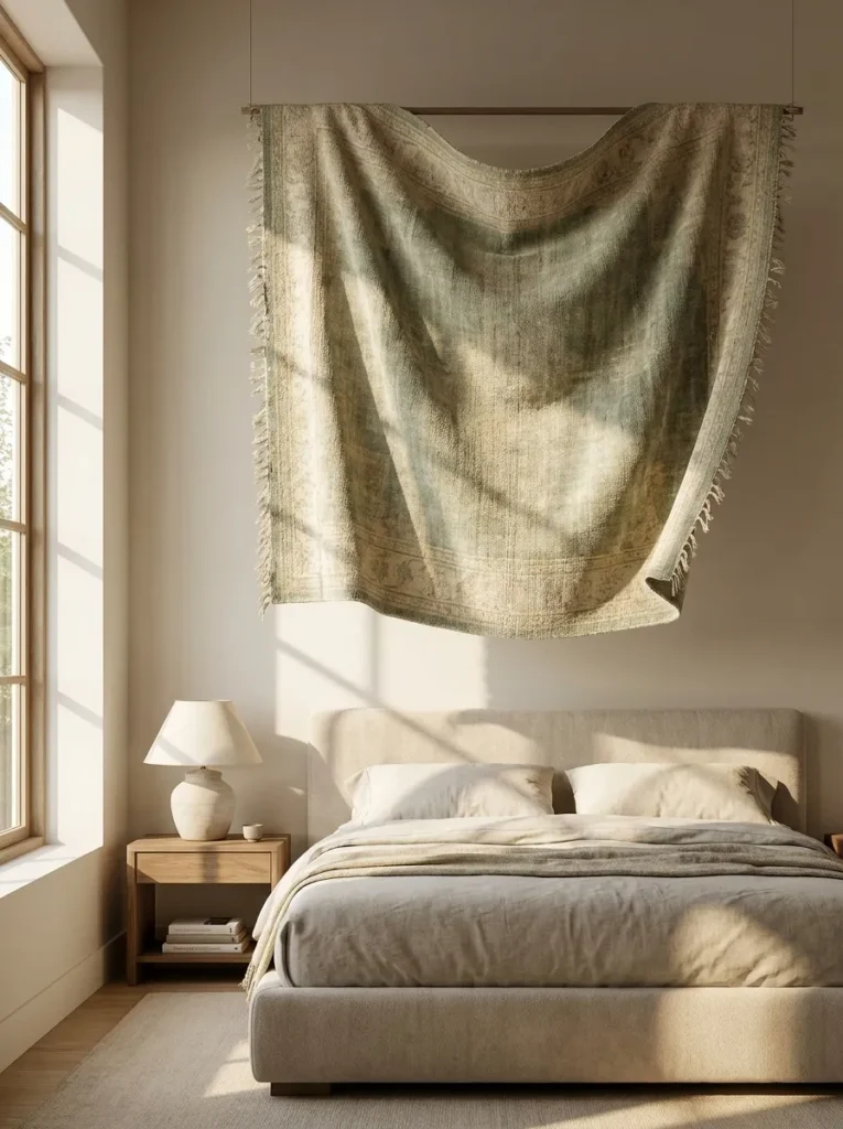 Large floating vintage rug used as a textured wall hanging above a bed.