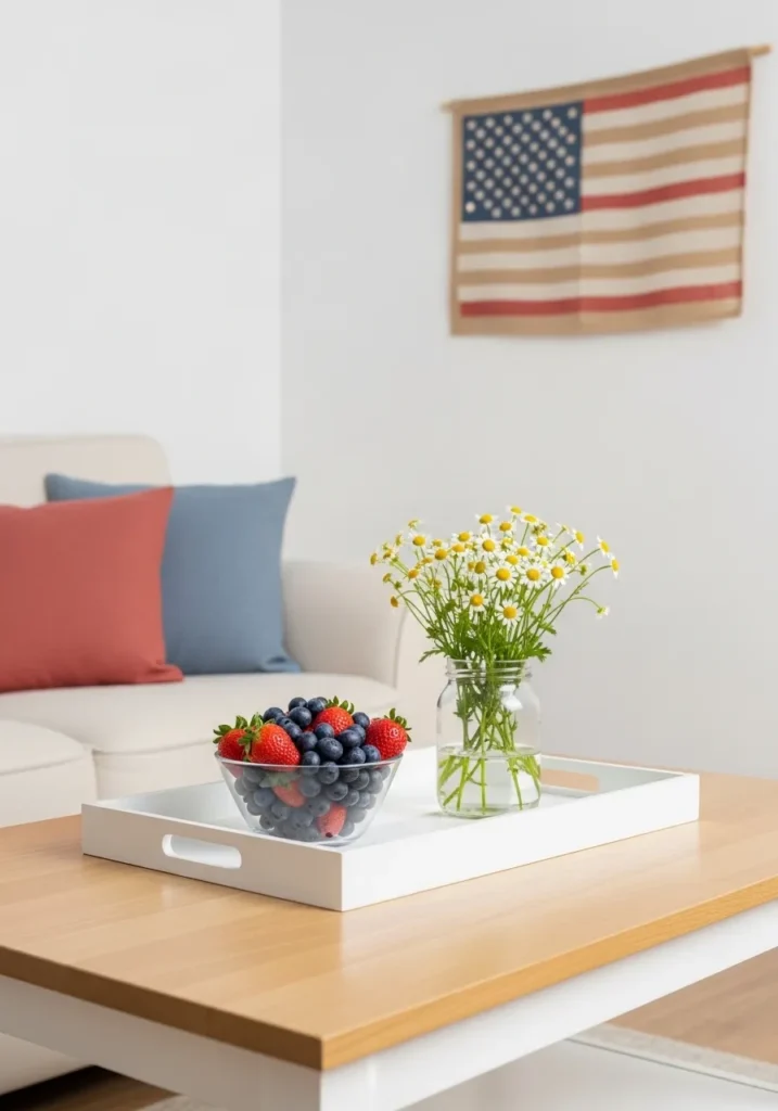 Simple 4th of July table centerpiece with fruit and daisies.
