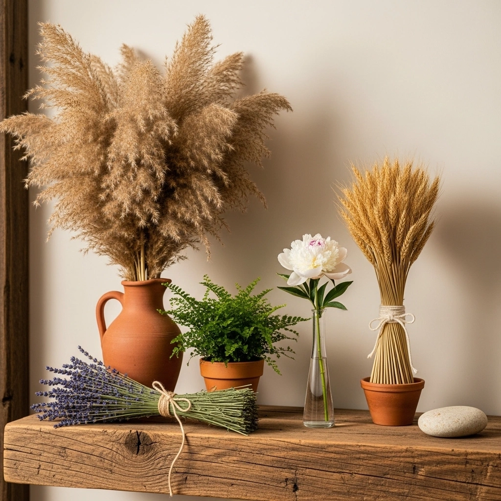 Rustic spring mantel decor with dried pampas grass terracotta jug dried lavender bundle compact fern terracotta pot fresh white peony bud vase dried wheat bundle clay pot and river stone on reclaimed wood fireplace mantel for rustic spring mantel decor ideas 2026