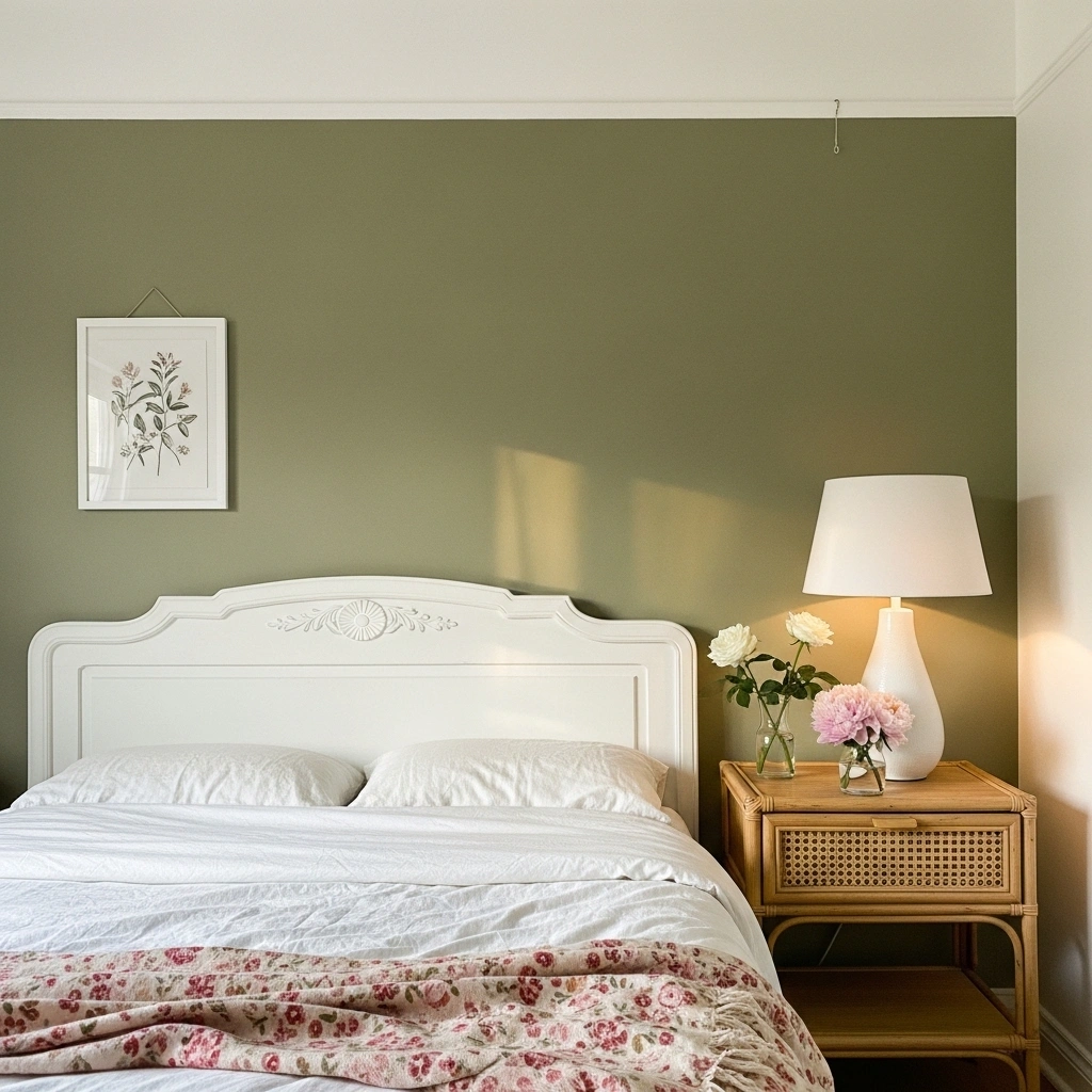Sage green bedroom inspiration spring cottage with warm muted sage green accent wall white vintage carved headboard white cream layered bed blush floral throw rattan nightstand white ceramic lamp fresh garden roses peony bud vase and botanical print white frame in warm afternoon window light for sage green bedroom inspiration spring cottage ideas 2026