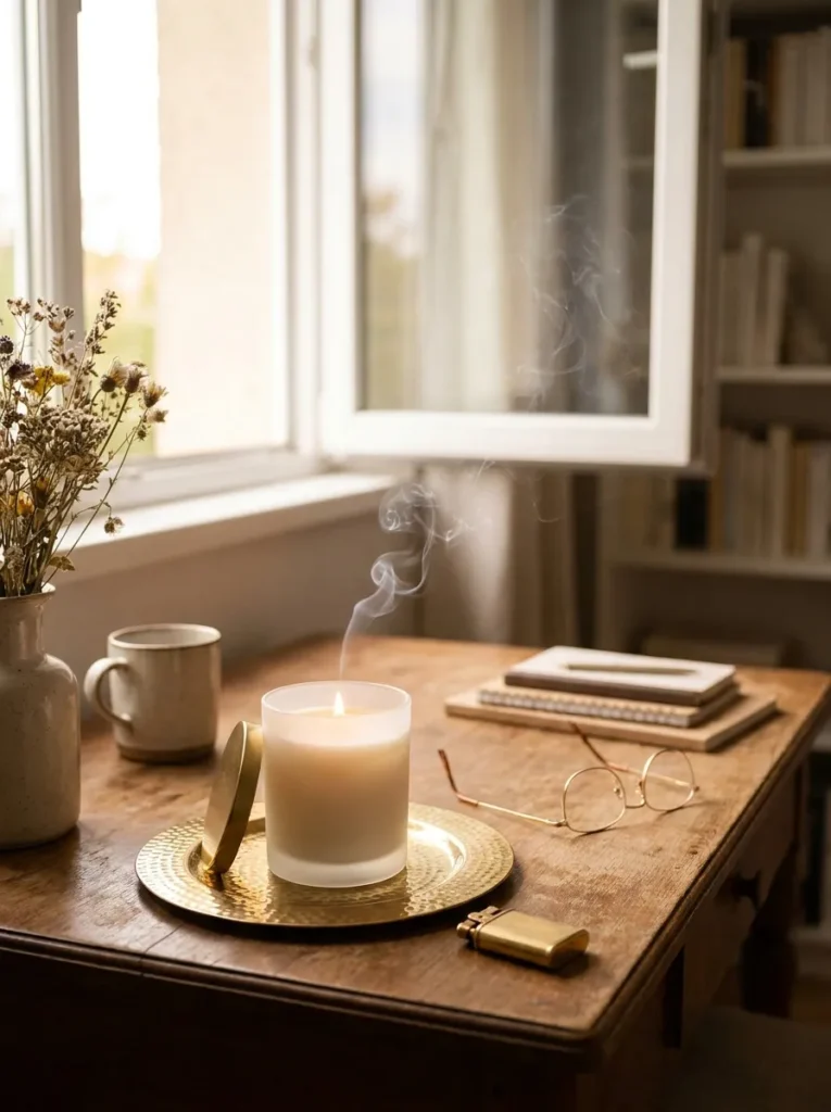Scented candle and gold accessories on a feminine desk.