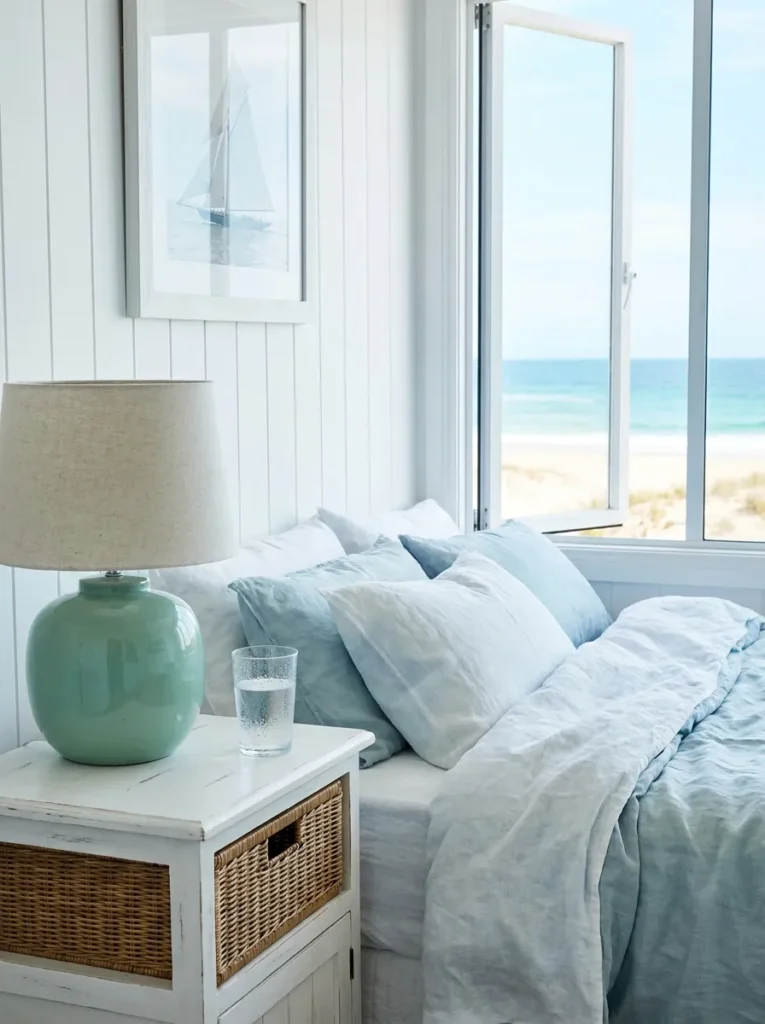 Coastal bedroom decor with seafoam lamp and white walls