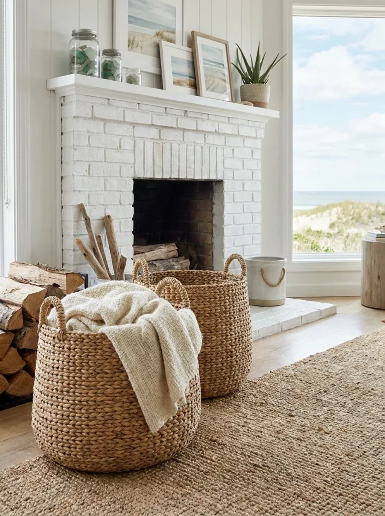 Large seagrass baskets used for storage in a coastal living room.