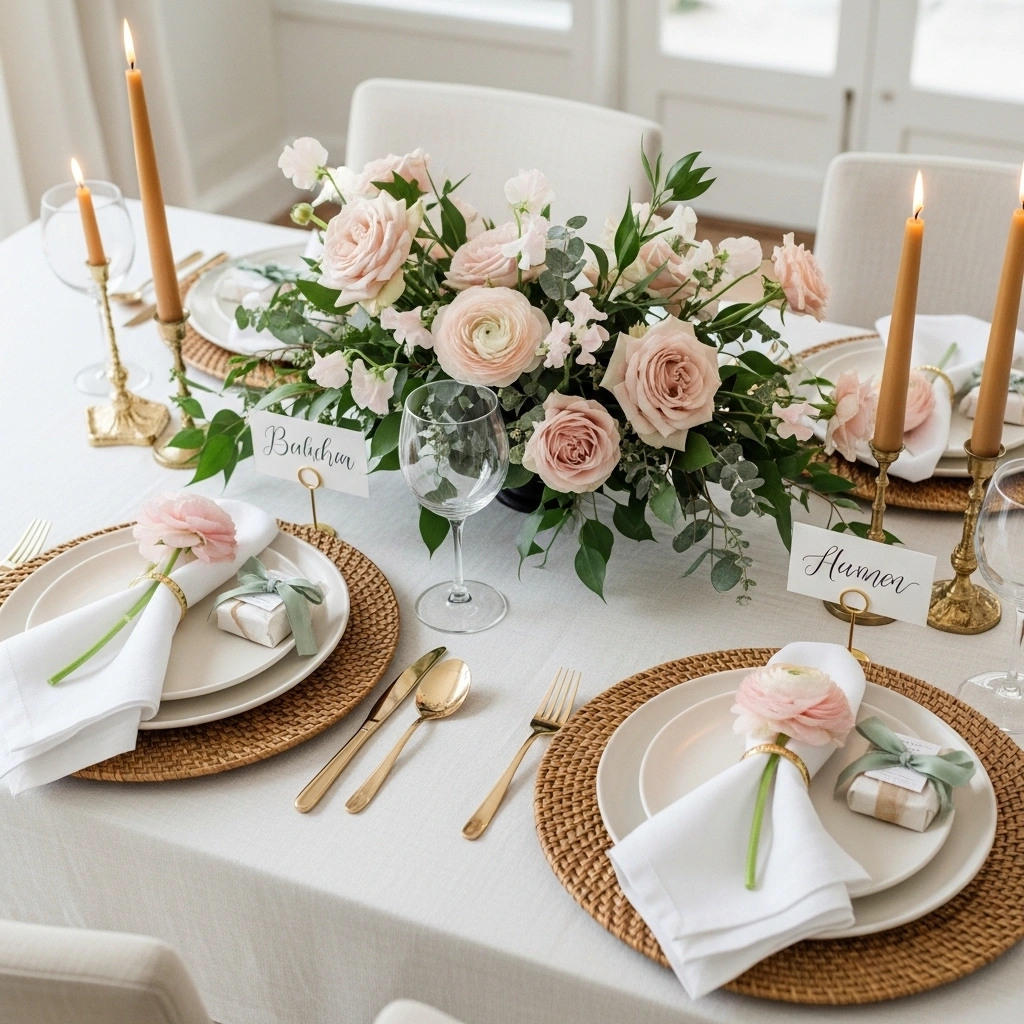 Seasonal celebration spring dining table with cream plates gold chargers blush ranunculus napkin rings hand lettered name cards sage ribbon favours and roses eucalyptus centrepiece for seasonal spring table decor