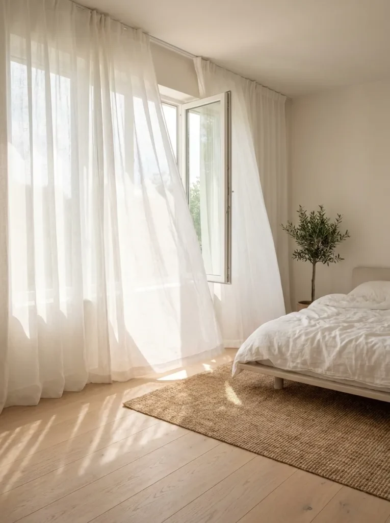 Sheer white linen curtains fluttering in a summer breeze.