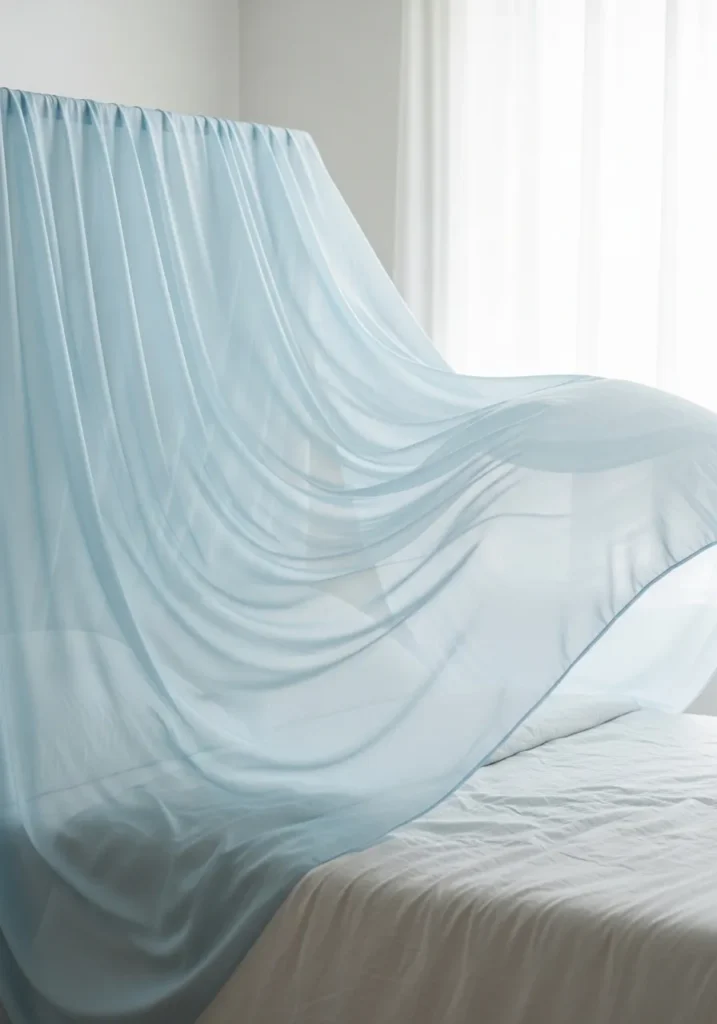 Sheer silk wall hanging behind a bed creating a breezy summer feel.