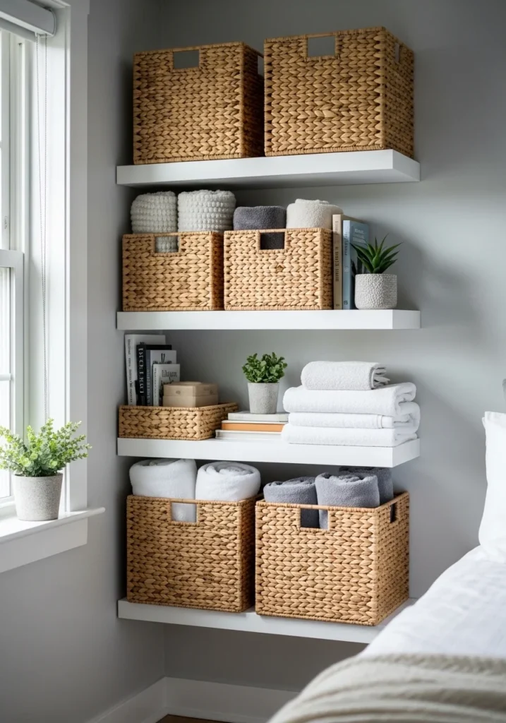 Shelf baskets for bedroom storage – decorative and practical
