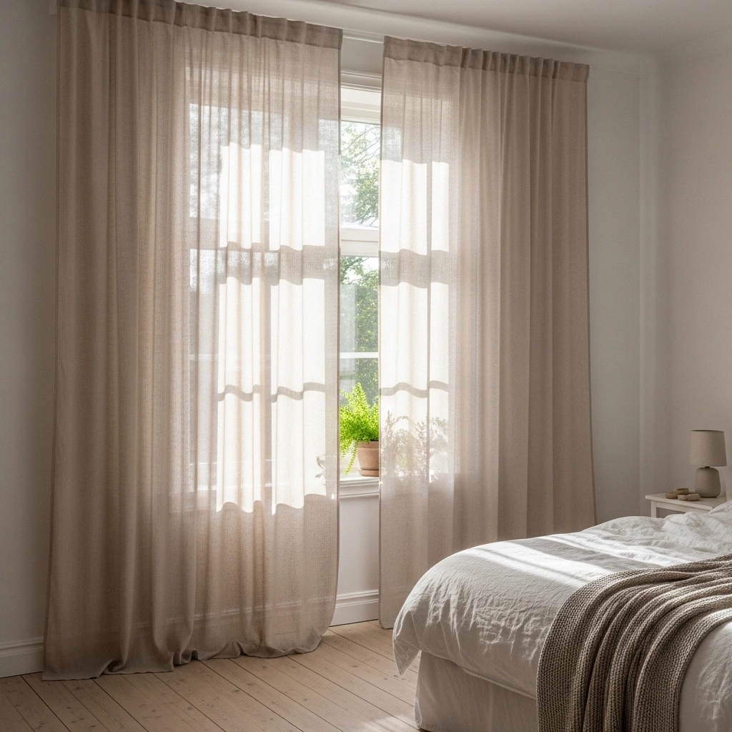  Simple spring bedroom refresh with natural linen sheer curtain panels filtering bright spring morning light with white cream bedding and potted fern on windowsill for simple spring bedroom refresh ideas
