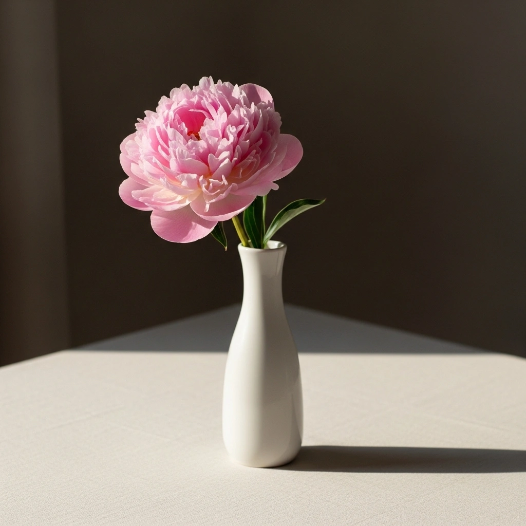  Simple spring centrepiece with single perfect blush pink peony in matte hand-thrown white ceramic vase on white table in soft directional morning window light for simple spring centerpiece ideas 2026
