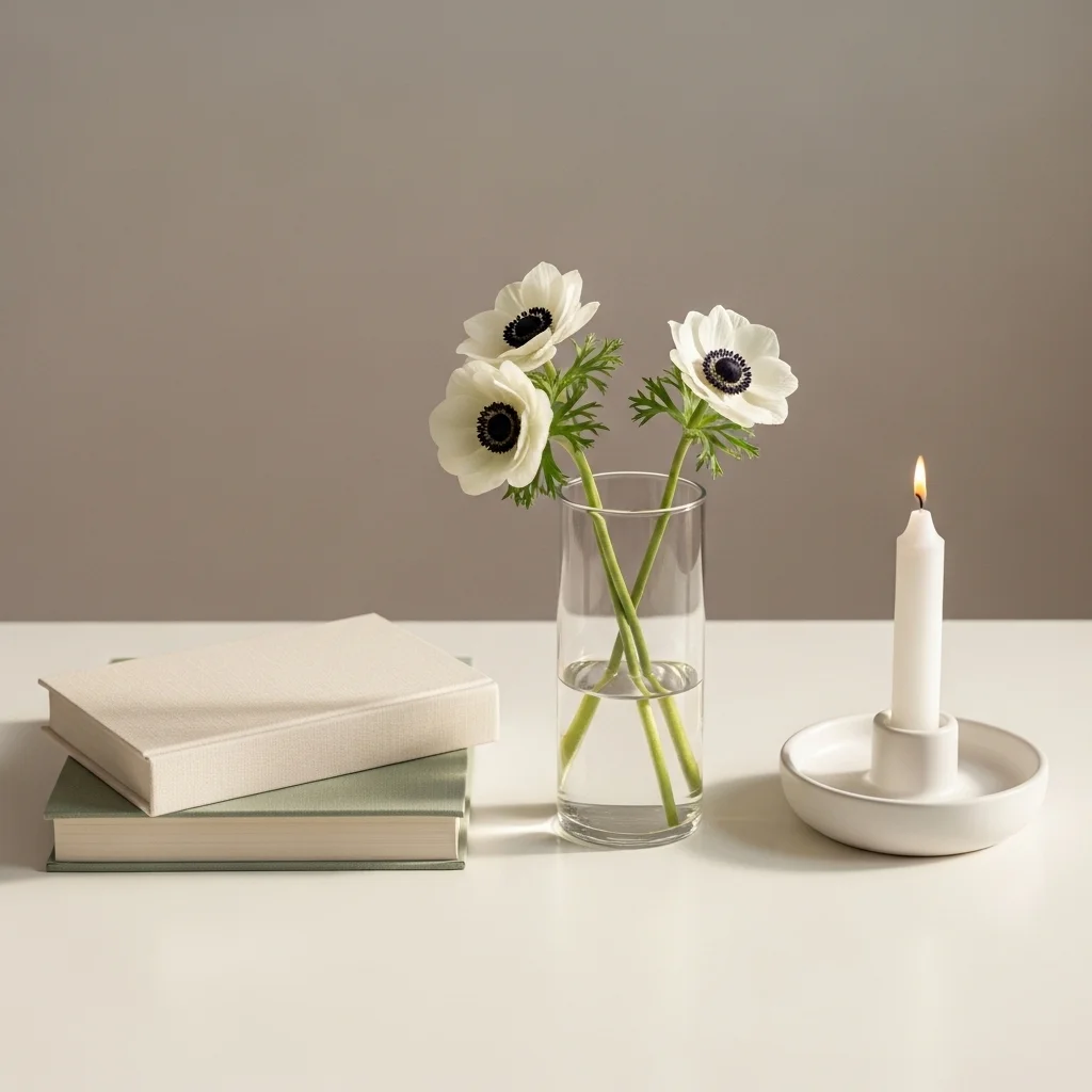 Minimal spring coffee table with linen book stack white anemone glass vase and white pillar candle with generous breathing room for simple spring coffee table decor ideas