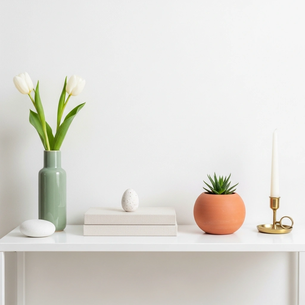 Simple spring console table decor with exactly five objects — sage ceramic tulip vase cream linen book stack speckled egg terracotta succulent white stone and brass candlestick with generous breathing room on white slim console table for simple spring console table decor ideas 2026