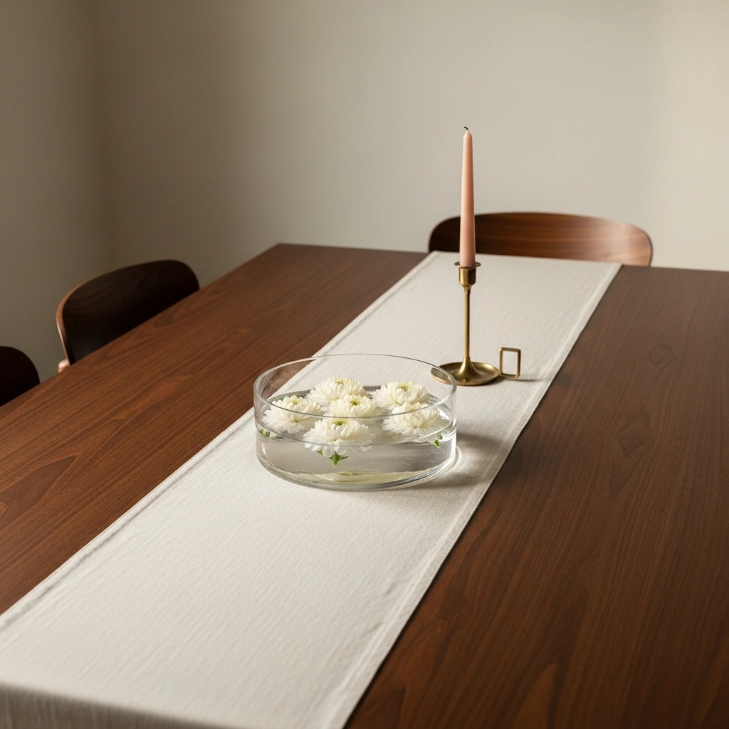  Simple spring dining room table decor with only three elements — cream linen runner floating white flower bowl and single brass taper candlestick on dark walnut table for simple spring dining room table decor ideas