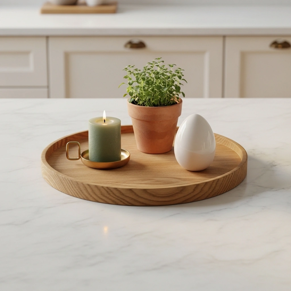 Simple spring kitchen counter decor with round oak wooden tray holding sage pillar candle in brass holder terracotta herb pot and white ceramic egg on white marble for simple spring kitchen counter decor ideas
