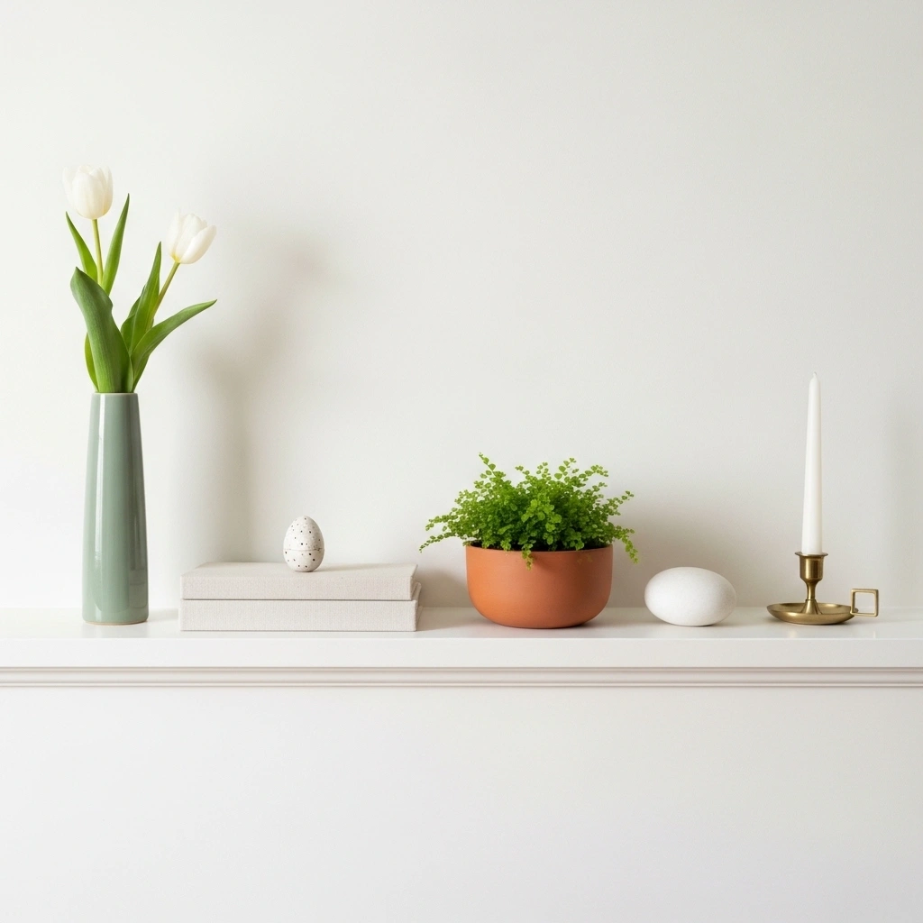  Simple spring mantel decor with exactly five objects — sage ceramic tulip vase cream linen book stack speckled egg terracotta fern white oval stone and brass taper candlestick with generous breathing room on wide white painted fireplace mantel for simple spring mantel decor ideas 2026