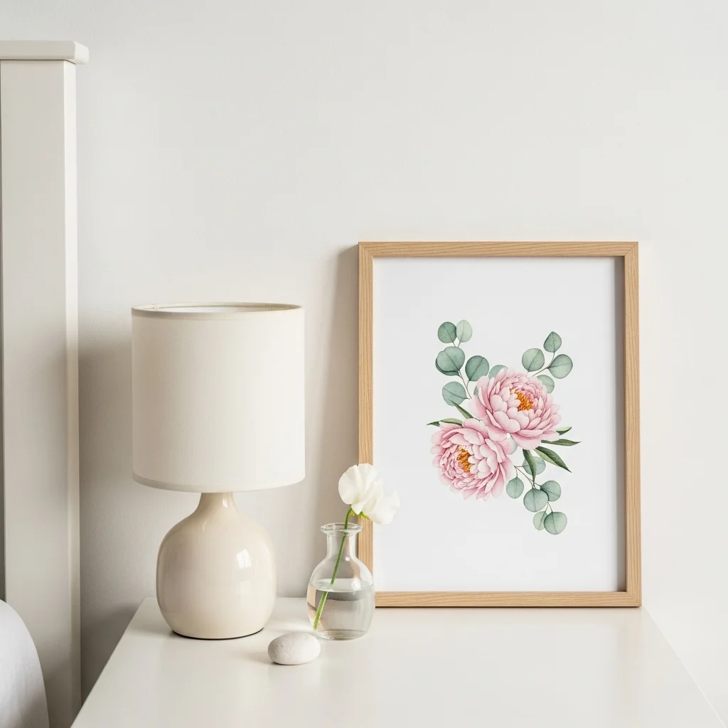 Spring bedroom nightstand with small botanical watercolour peony print in natural wood frame beside cream lamp tiny sweet pea bud vase and smooth white stone for simple spring nightstand decor ideas