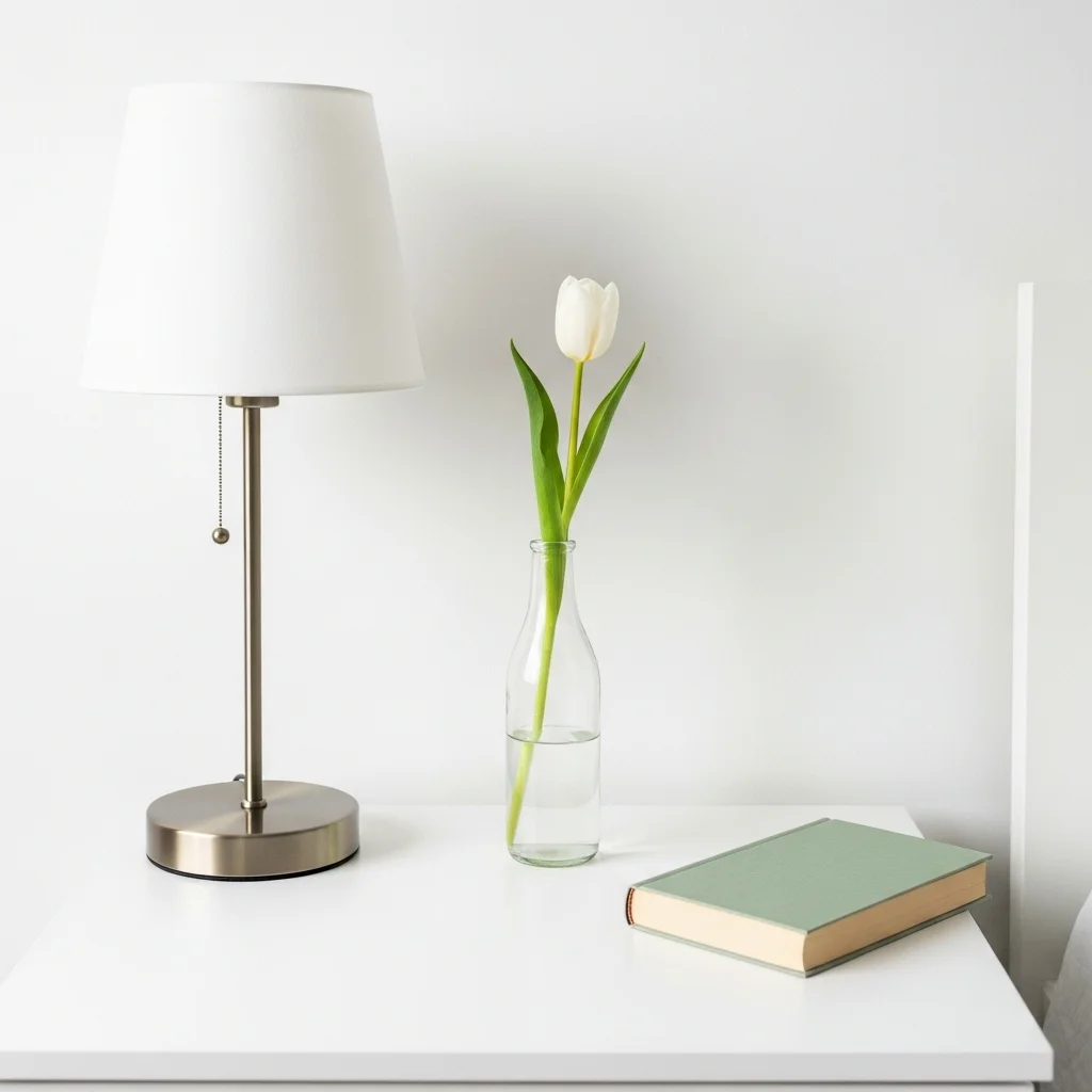 Minimal spring bedroom nightstand with only three items — gold base linen shade lamp single white tulip glass bottle and sage green hardback book on white bedside table for simple spring nightstand decor ideas