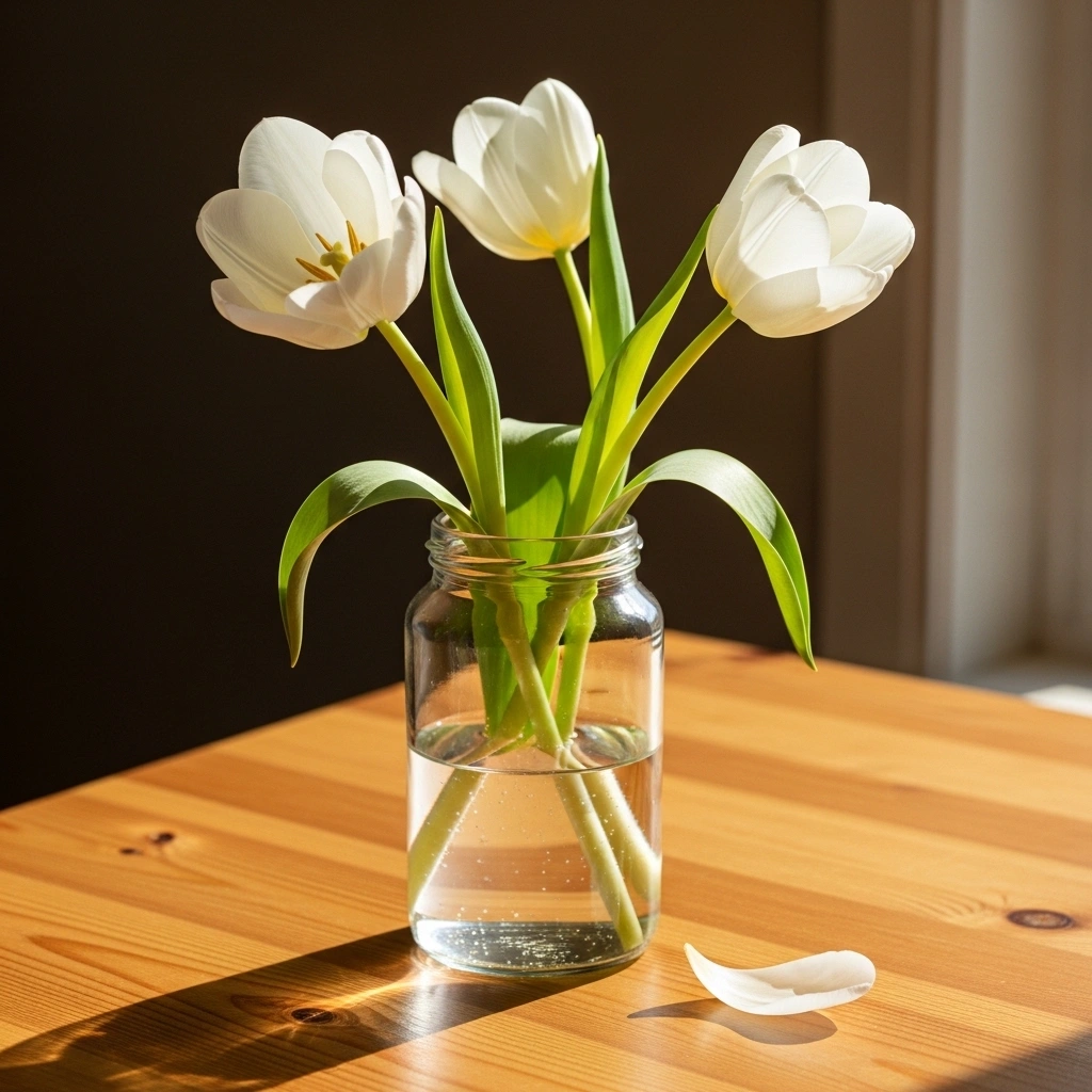  Simple spring table centrepiece with three fresh white tulips at different opening stages in clear glass jar on natural pine table with fallen petal in warm window light for simple spring table centerpieces ideas