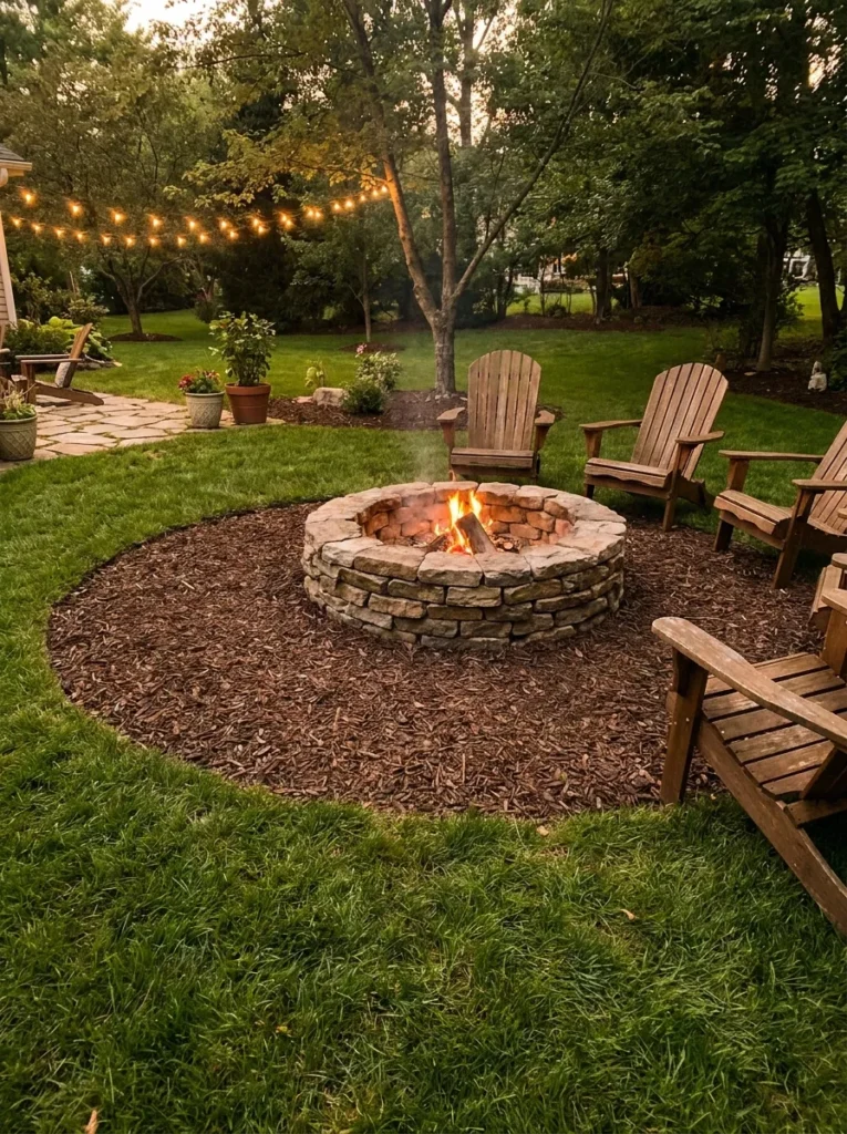 Mulch border around small backyard fire pit – lawn-friendly option