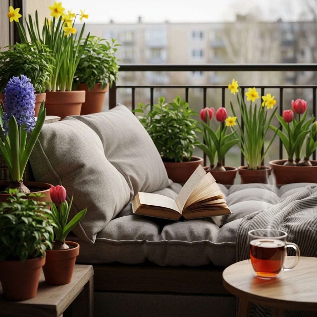 Spring balcony reading nook – relaxing small balcony garden ideas spring