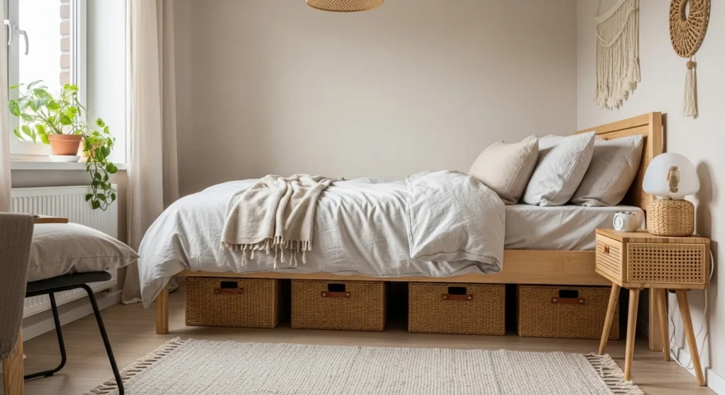 Small bedroom storage ideas with smart under bed storage, floating shelves and hidden solutions that look stylish and organized