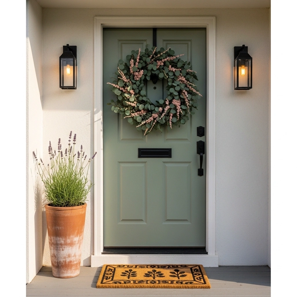Small front porch decor with sage green door eucalyptus wreath wall-mounted iron lanterns tall lavender terracotta pot and botanical coir doormat making every vertical inch count in warm afternoon light for small front porches ideas 2026