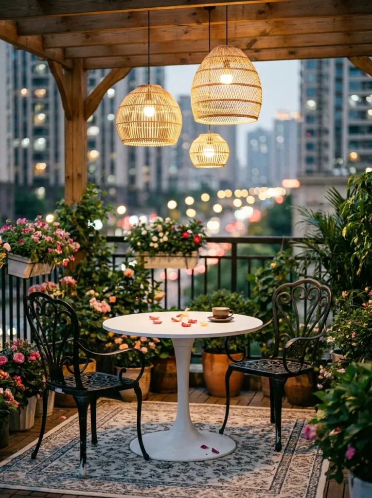 Small patio dining area with rattan pendant lights and bistro set