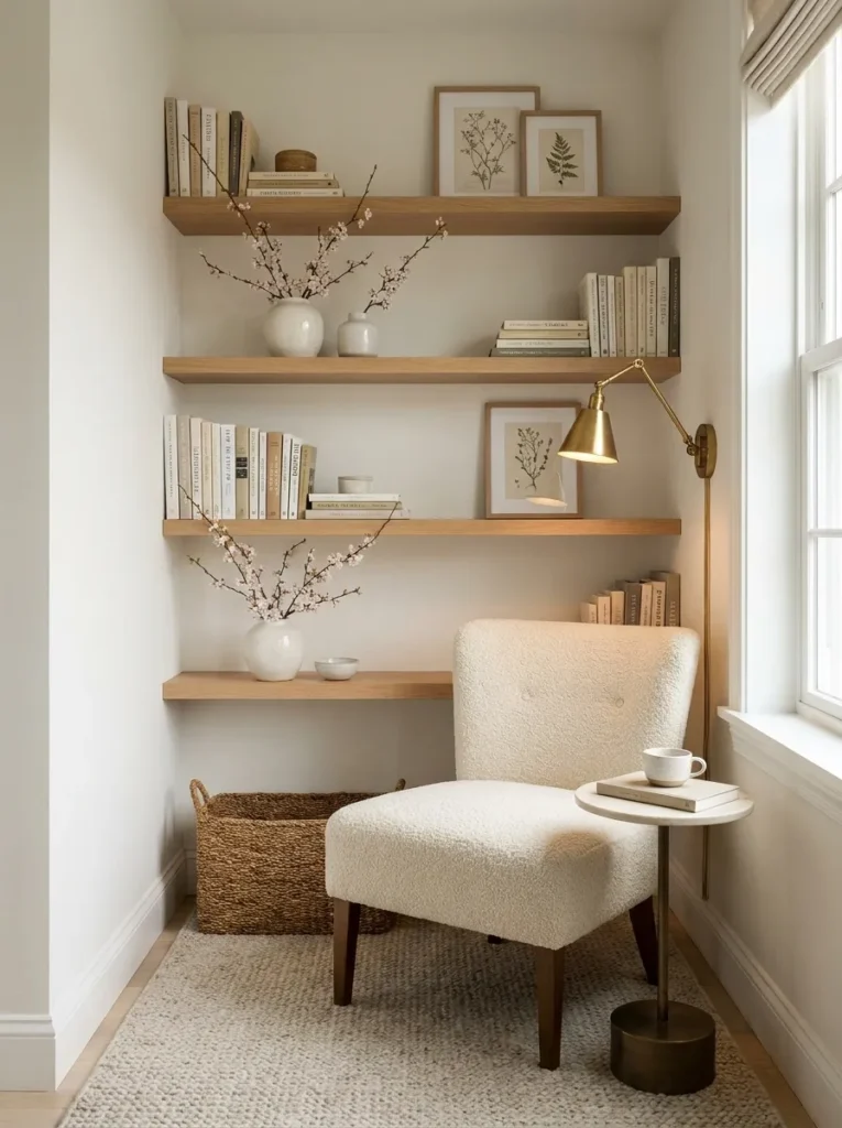 Small reading nook with floating shelves, compact accent chair, and space-saving storage.