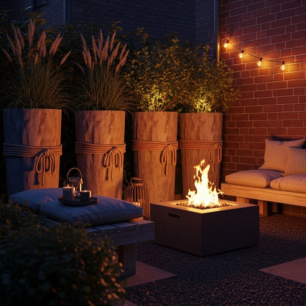 Small space spring backyard fire pit with vertical accents – smart spring backyard fire pit ideas