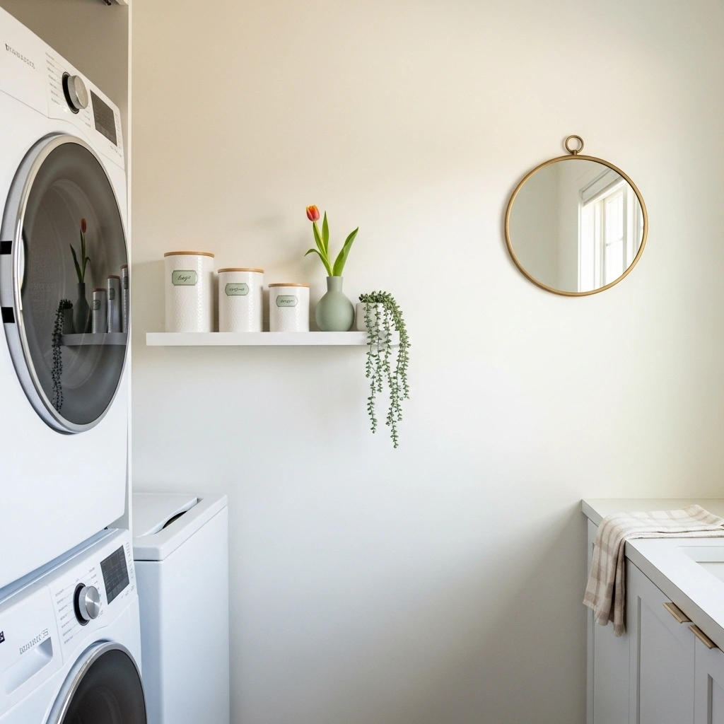 Small spring laundry room decor ideas with round brass mirror white floating shelf coordinated ceramic canisters sage labels tulip vase trailing succulent and clear floor in compact white laundry room for small spring laundry room decor ideas 2026