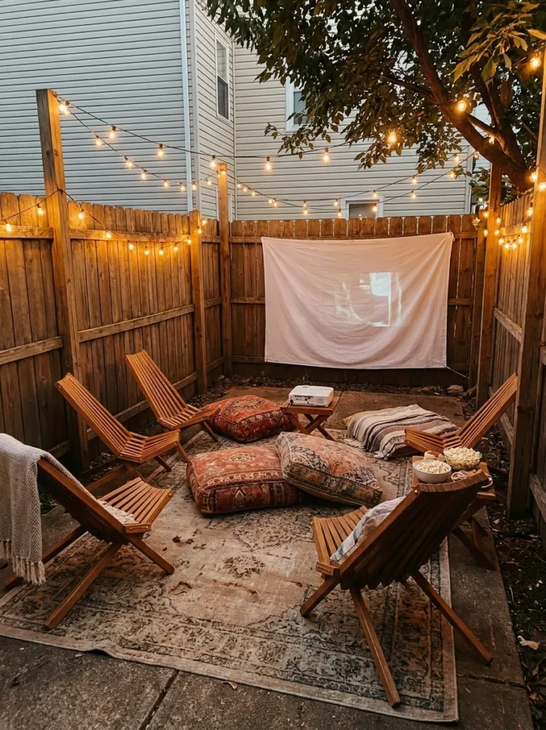 9. Small Yard Backyard Movie Night Setup with Compact Seating
Even tiny yards can host amazing movie nights. Use compact seating like folding chairs, low benches, or floor cushions arranged closely together.
Keep the screen size reasonable and use string lights to define the space. This proves you don’t need a huge yard to create magic.