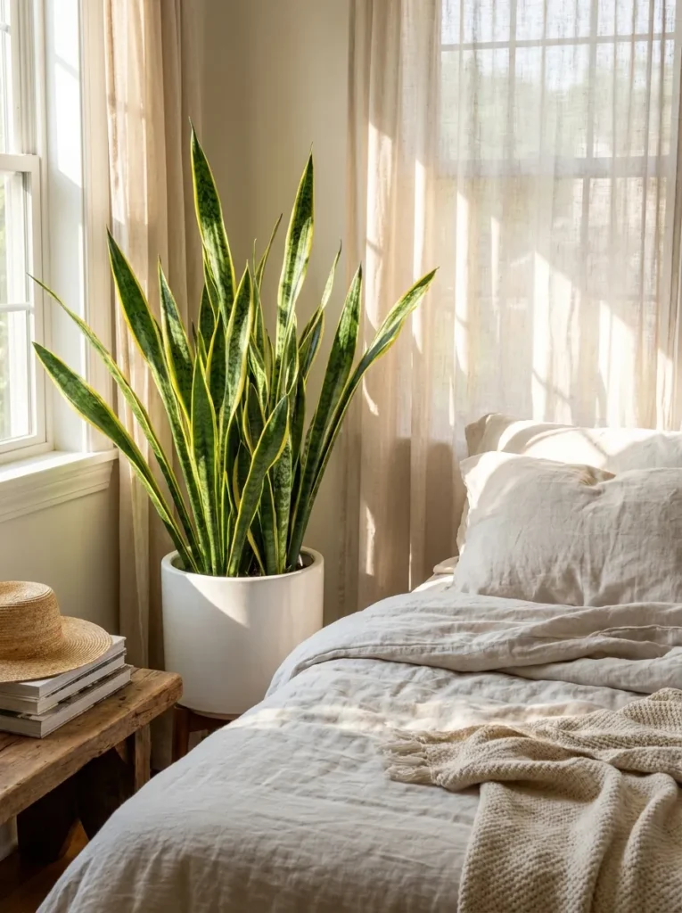 Large snake plant in a bright summer bedroom corner.