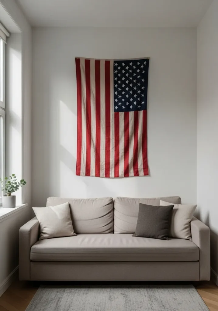 A small living room following the one-zone rule with a flag behind the sofa.