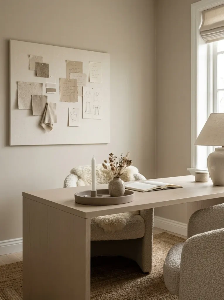 Tonal neutral feminine desk setup with linen pinboard.