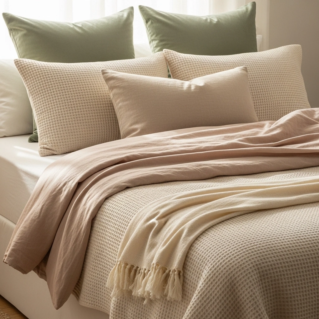 Soft pastel bedroom decor with cream waffle weave fitted sheet blush linen duvet sage green velvet euro pillows cream textured pillowcases warm linen accent pillow and cream fringe throw in natural window light for soft pastel bedroom decor ideas 2026