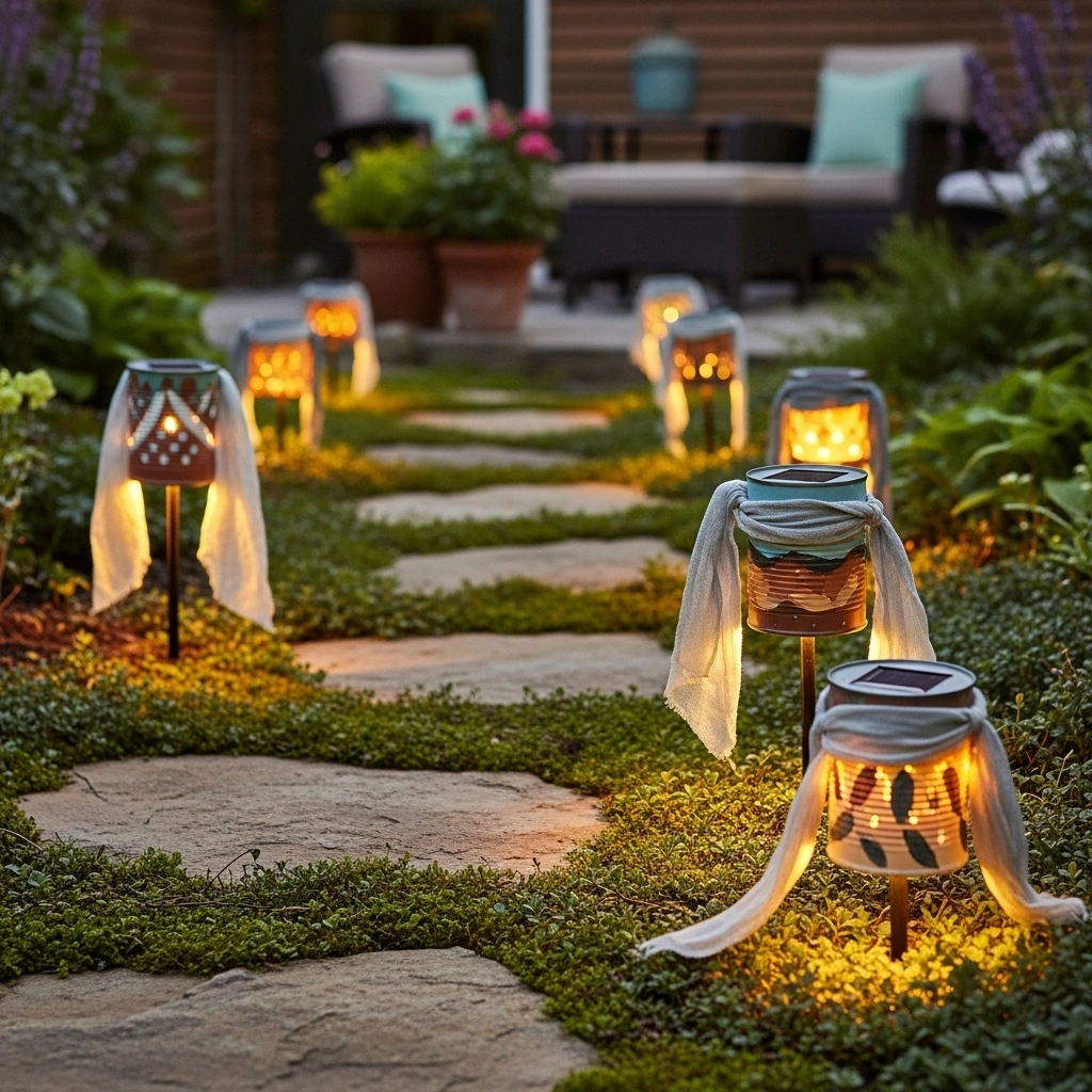 Solar pathway markers from cans – sustainable garden decor ideas