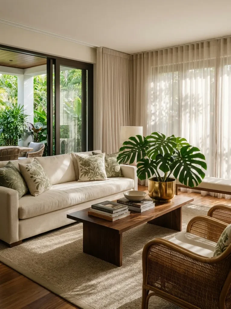 Sophisticated tropical living room with dark wood and brass accents.