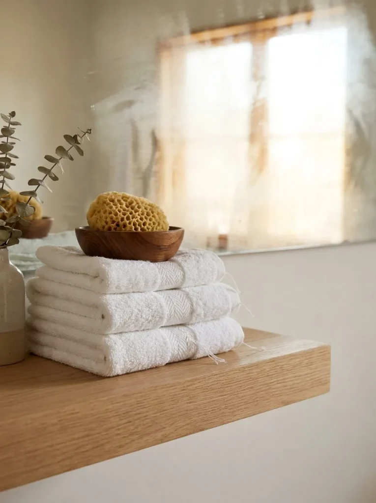 Spa-style floating shelf with white towels and a wooden bowl.