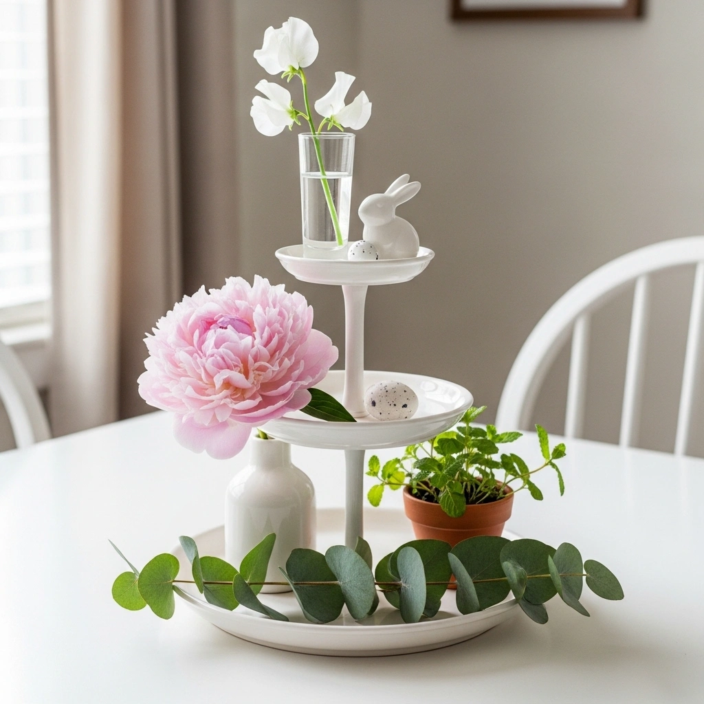 Spring 3 tier stand decor with fresh white sweet pea tiny glass white ceramic bunny fresh blush peony white ceramic vase speckled egg fresh eucalyptus stems and growing mint terracotta pot on white ceramic three tier stand for spring 3 tier stand decor ideas 2026