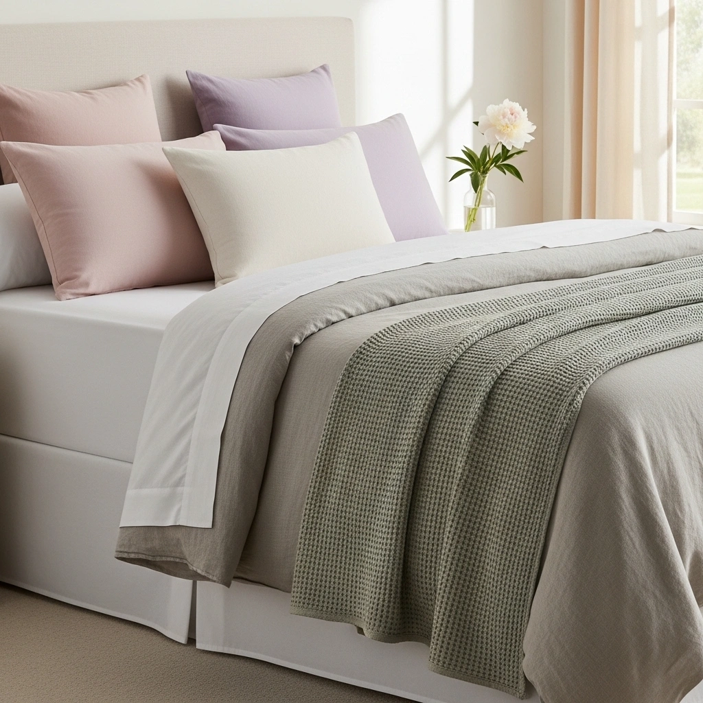 Spring bedroom bedding refresh with white cotton sheets lightweight linen duvet sage waffle throw blush cream lavender cushions and white peony nightstand vase for spring bedroom refresh bedding ideas