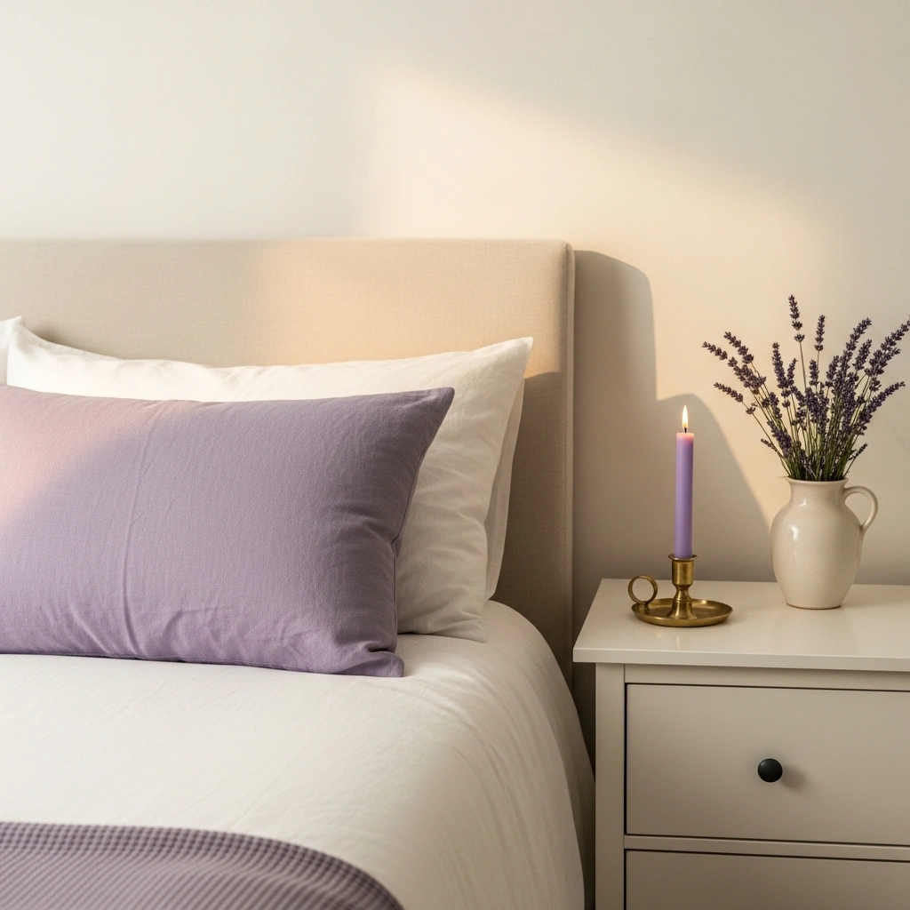 Spring bedroom colour refresh with dusty lavender accent cushion brass candle holder and fresh lavender ceramic vase on dresser against neutral cream and white bedroom for spring bedroom colour refresh ideas